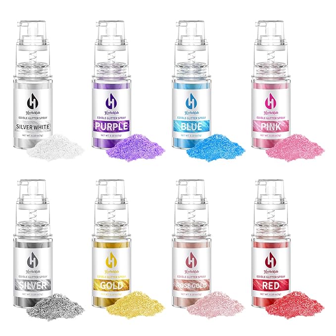 Edible Glitter Spray - 8 Colors Herbeklab Cake Glitter Spray Food Grade Metallic Shimmer Powder Cake Sprinkles for Cookie Decorating Chocolate Strawberry, 5g/Bottle