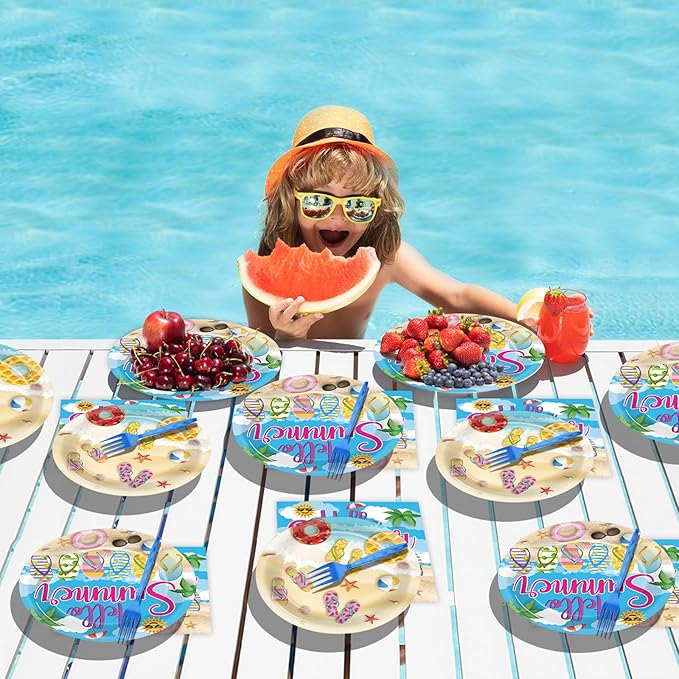 96Pcs Hello Summer Plates and Napkins Beach Party Decorations Hawaiian Tropical Disposable Paper Dessert Plates Tableware Set for 24 Guests Kids Summery Ocean Pool Birthday Party Supplies