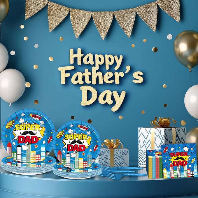 96Pcs Happy Fathers Day Paper Plates and Napkins Super Dad Party Decorations Super Theme Dessert Plates Hero Cityscape Birthday Tableware for 24 Guests Papa Grandpa Best Dad Daddy Men Party Supplies