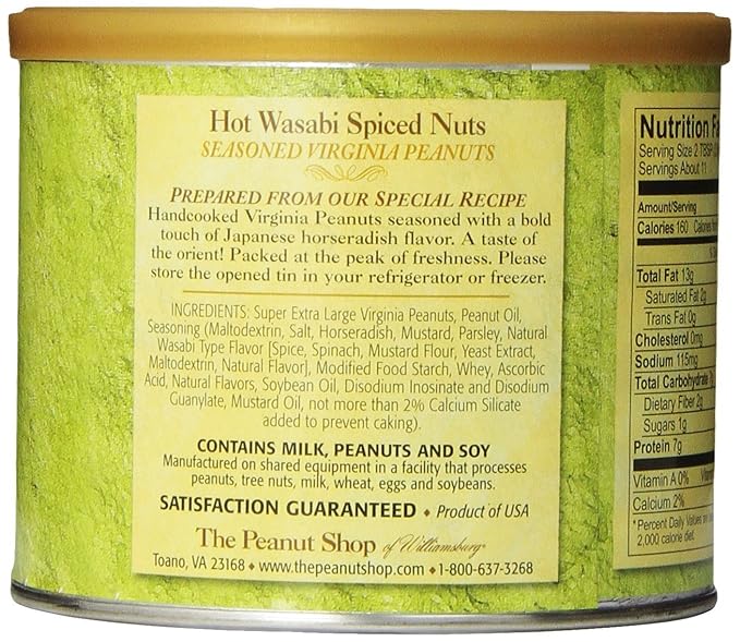 The Peanut Shop of Williamsburg Wasabi Spiced Virginia Peanuts, Extra Large Salted Williamsburg Va Peanuts with Japanese Horseradish, Kosher Certified - 10.5 Oz Tin
