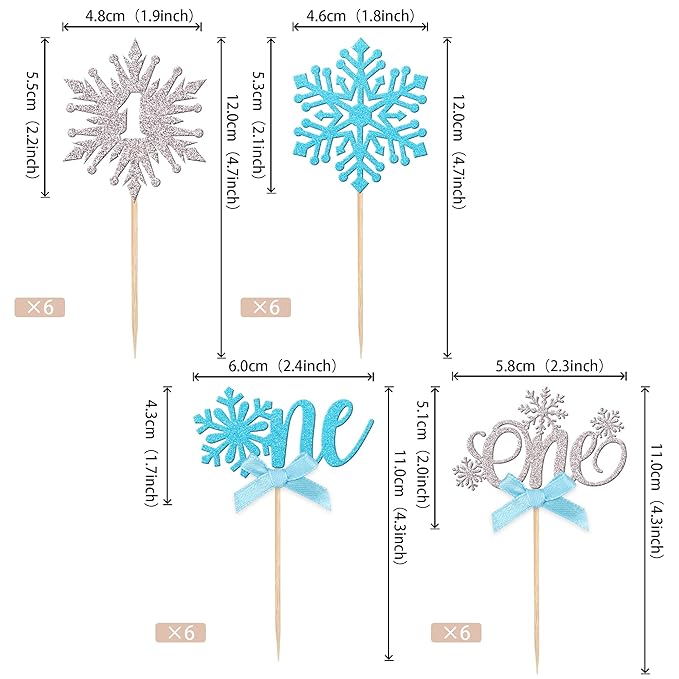 24 PCS Snowflake One Cupcake Toppers with Glitter Bow First Birthday Snowflake Cupcake Picks for Winter Onederland Theme Baby Shower Kids 1st Birthday Party Cake Decorations Supplies Silver Blue