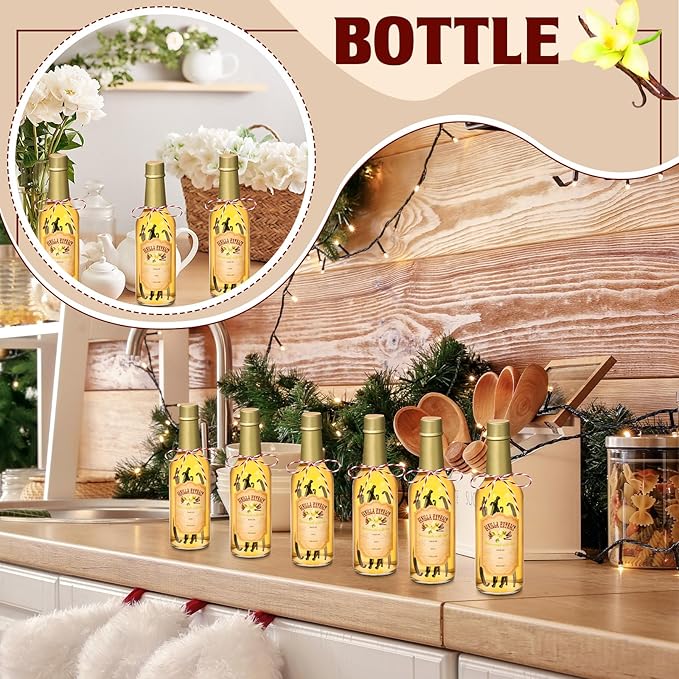 Tioncy 16 Pcs Vanilla Extract Bottles for Homemade Vanilla Jar Glass Bottle with Cap, Shrink Band, Sticker Syrup Gift Food Storage Canister for Bean Sauce Spice(Gold,8.5 oz)