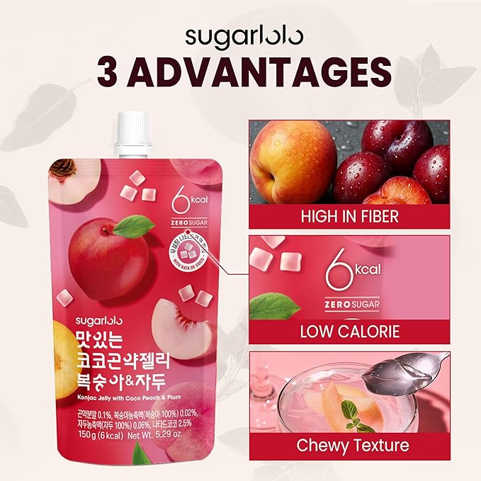 Sugarlolo Konjac Sweet Coco Peach & Plum Jelly Snack - Vegan Jello with Zero Sugar | Only 6 Calories per Pouch | Low Calorie Korean Snacks | 5.29 Oz (150g) | 10 Pack