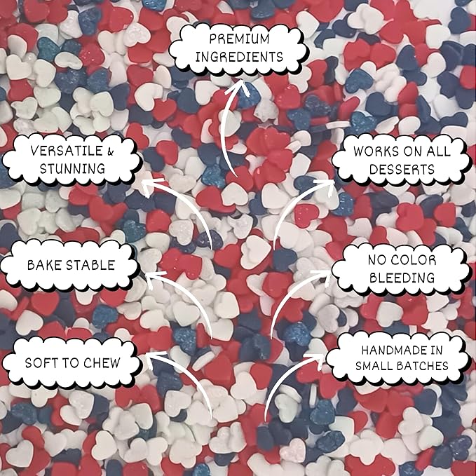 Confect Heart Dessert Sprinkles ??Red, White & Navy Blue | Edible Baking Sprinkles for Cake Decorating, Cookies, Cupcakes & Ice Cream | Vegan, Gluten-Free, Soy-Free, Dairy-Free, Palm Oil-Free- 4.2 Oz