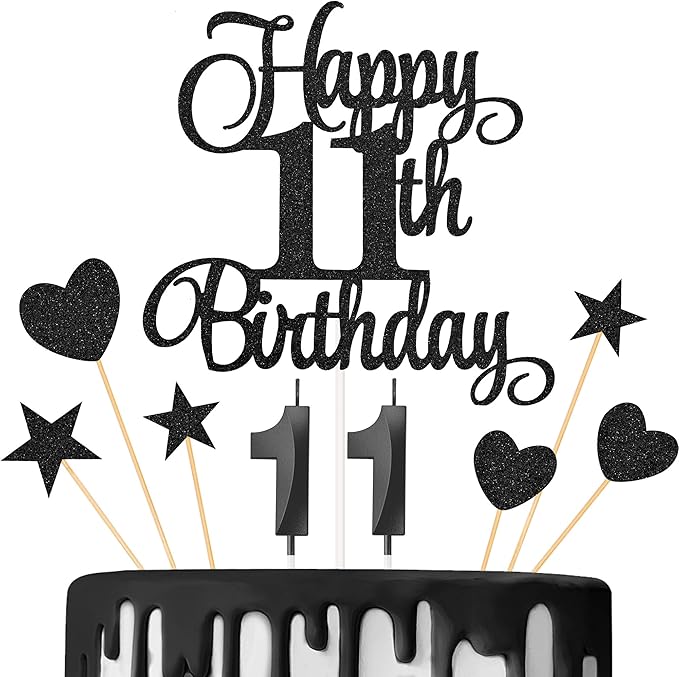 11th Birthday Cake Decorations, 11th Birthday Candles Cake Numeral Candles and Glitter Happy 11th Birthday Cake Toppers Set for Birthday Party Supplies (Black)