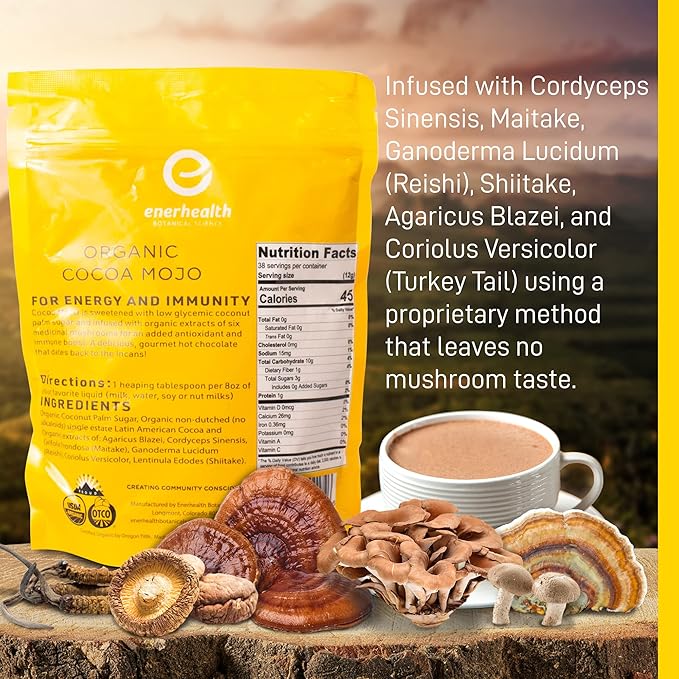 Enerhealth Botanicals Cocoa Mojo ??Certified Organic Hot Chocolate Peruvian Cocoa Mix, Sweetened with Low Glycemic Coconut Palm Sugar and Infused with 6 Mushroom Extracts to Boost Immunity ??16 oz