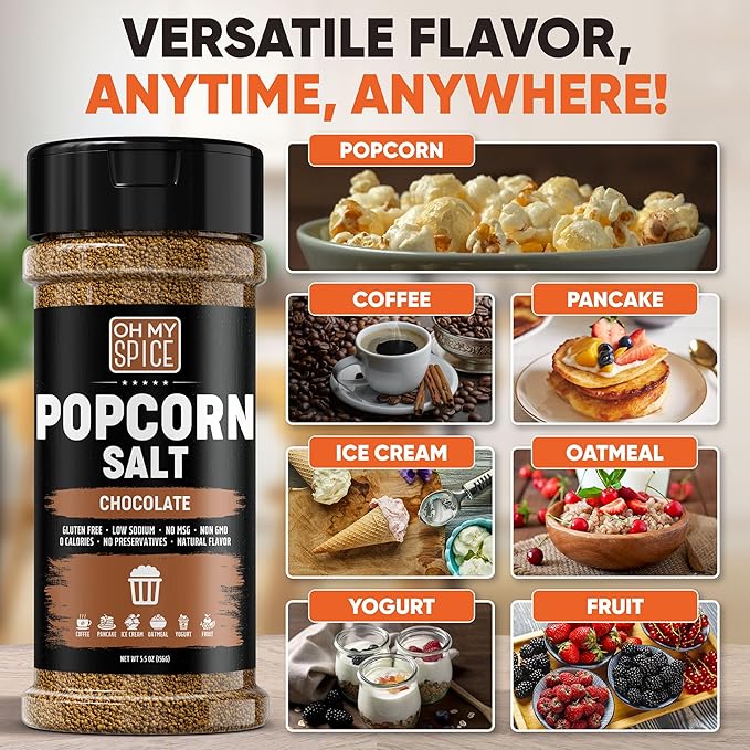 Popcorn Salt Chocolate Powder Mix - Gluten Free & Low Sodium Cocoa Powder Popcorn Salt Seasoning. Movie Night Pop Corn Flavoring Seasoning. Pop Corn Seasonings Salts. Sweet Cacao Blend Topping. 5.5oz
