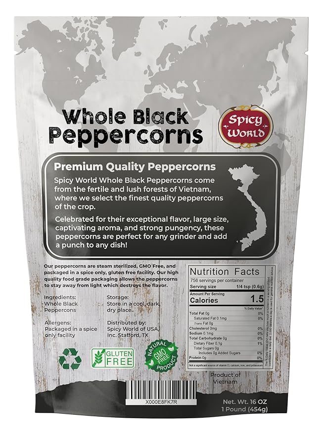 Spicy World Black Peppercorns Whole 14 Ounce - As Seen On Tik Tok - Non-GMO, Steam Sterilized Whole Peppercorns for Grinder Refill