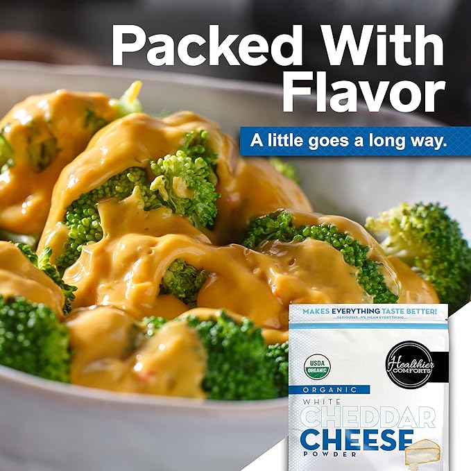 Healthier Comforts Organic White Cheddar Cheese Powder | Gluten Free, Kosher, Keto-Friendly, Non-GMO, Antibiotic & Hormone Free | Perfect for Popcorn Seasoning, Mac and Cheese, Pasta & Sauces (21 oz)