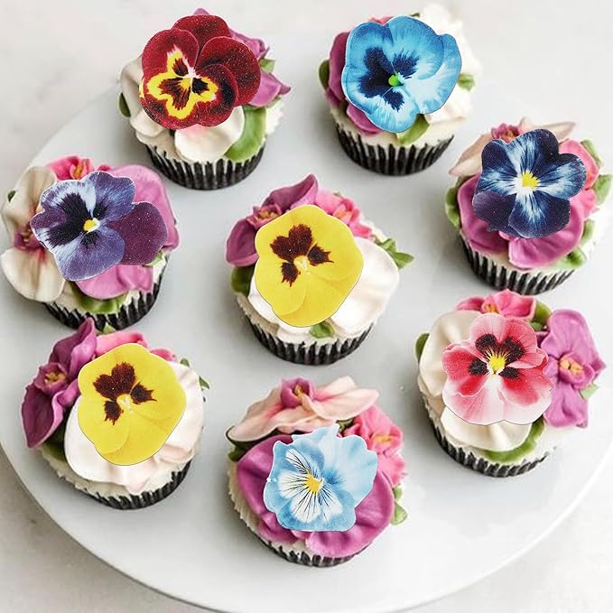 60 PCS Edible Flowers Cupcake Toppers Edible Spring Bridal Engagement Pansies Cake Decorations Wafer Paper Flowers Cupcake Picks for Baby Shower Kids Birthday Party Cake Food Decorations Supplies