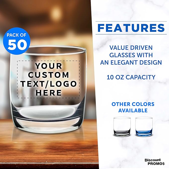 DISCOUNT PROMOS Custom Whiskey Glasses 10 oz Set of 50, Personalized Bulk Pack - Heavy Base Old Fashioned Glass, Perfect for Scotch, Bourbon, Whiskey, Cocktail - Clear Bottom Color