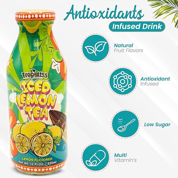 Tropikiss 12-Pack Lemon Iced Tea – Antioxidant-Rich Refreshing Drink | Natural Bottled Ice Tea | Healthy & Flavorful Beverage