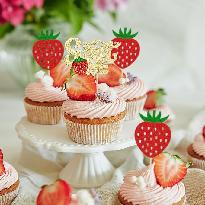 24Pcs Strawberry Sweet One Cupcake Toppers Glitter First Birthday Strawberry Cupcake Picks for Fruit Theme Baby Shower Kids 1st Birthday Anniversary Party Cake Decorations Supplies