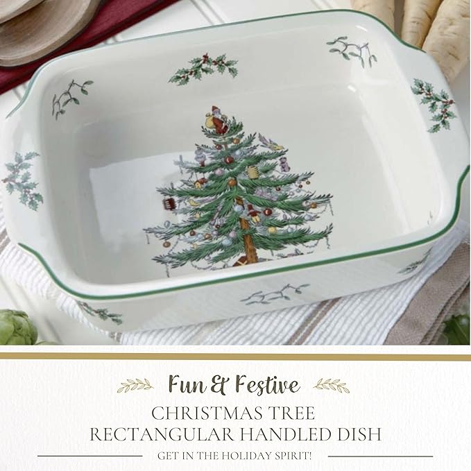 Spode Christmas Tree Rectangular Handled Dish (9" x 12") Baking & Seasonal Platters - Earthenware, Microwave & Dishwasher Safe - Festive Tableware for Holiday Entertaining & Christmas Dining