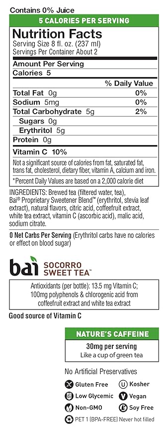 Bai Iced Tea, Socorro Sweet, Antioxidant Infused Supertea, 18 Fluid Ounce Bottle