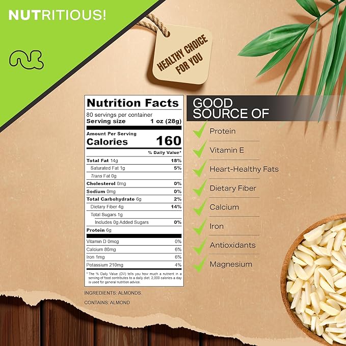 NUT CRAVINGS - Raw Slivered Almonds, Unsalted, (80oz - 5 LB) Packed Fresh in Resealable Bag - Nut Snack - Food Assortments Ideal for Trail Mixed Nuts