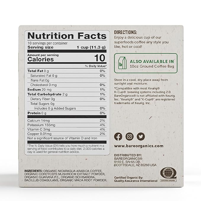 BareOrganics Energy Medium Roast Coffee, Organic, 10 K-Cup Pods, Superfoods & Probiotics Infused, Vegan, Gluten Free, 10 Single Serve Cups