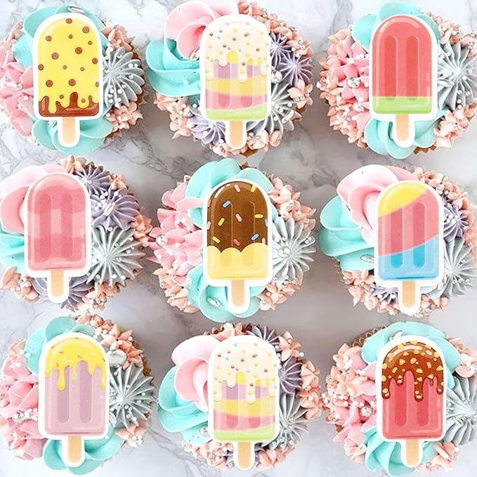 40Pcs Edible Ice Cream Cupcake Toppers Picks Ice Cream Party Decorations for Sweet Summer Theme Baby Shower Supplies