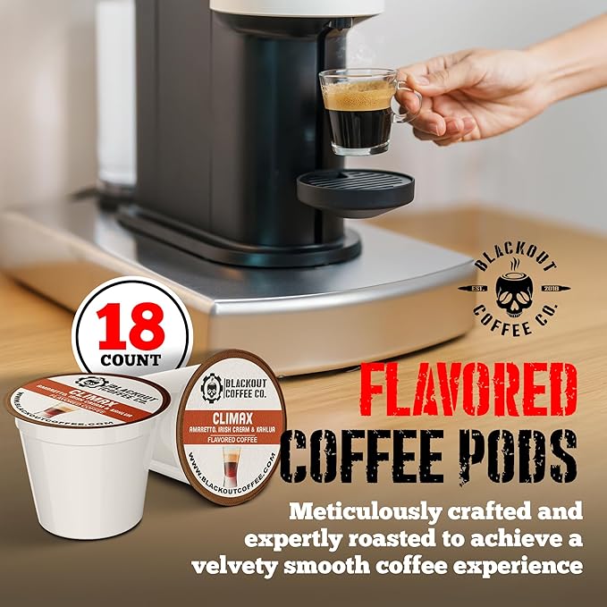 BLACKOUT COFFEE CLIMAX Amaretto, Irish Cream & Kahlua Flavored Coffee Pods ??Premium Arabica, Smooth Taste, Guilt-Free Indulgence ??18 Count Single Serve K-Cups, American Made