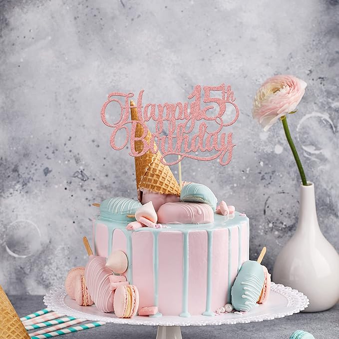 1 Pack Happy 15th Birthday Cake Topper Glitter Number 15 Fifteen Years Old Birthday Cake Pick Decoration for 15th Birthday Celebrating Anniversary Party Supplies Rose Gold