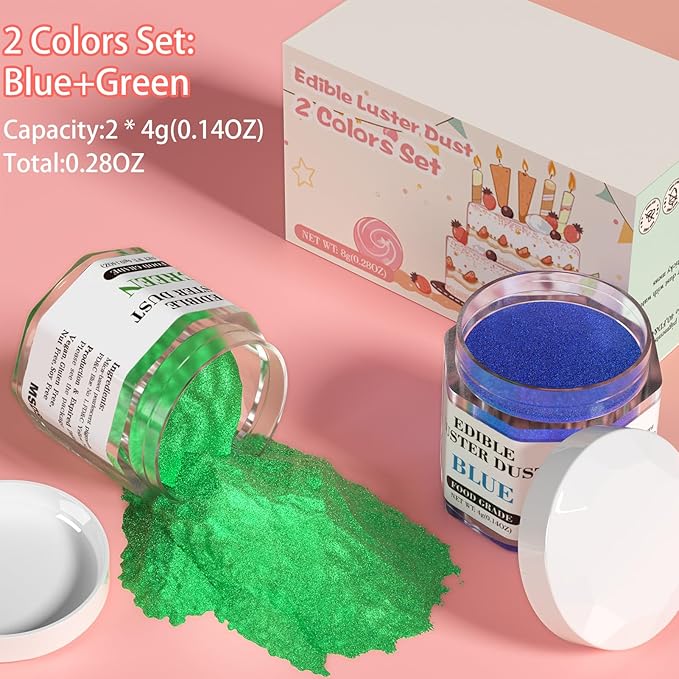 Luster Dust Edible Set - 2 Colors Food Grade Cake Dust Shimmer Powdered, Cherrysea Powder Food Coloring for Cocktails, Cookie Decorations, Cake, Drinks, Fondant, Candy - 4g/Bottle - Blue+Green
