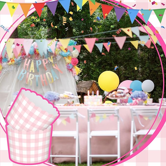 Vesici 150 Pcs Pink Gingham Ice Cream Cups 5oz Dessert Paper Bowls Gingham Scalloped Cupcake Cups Disposable Dessert Bowls for Food Sundae Frozen Yogurt Soup Party Supplies