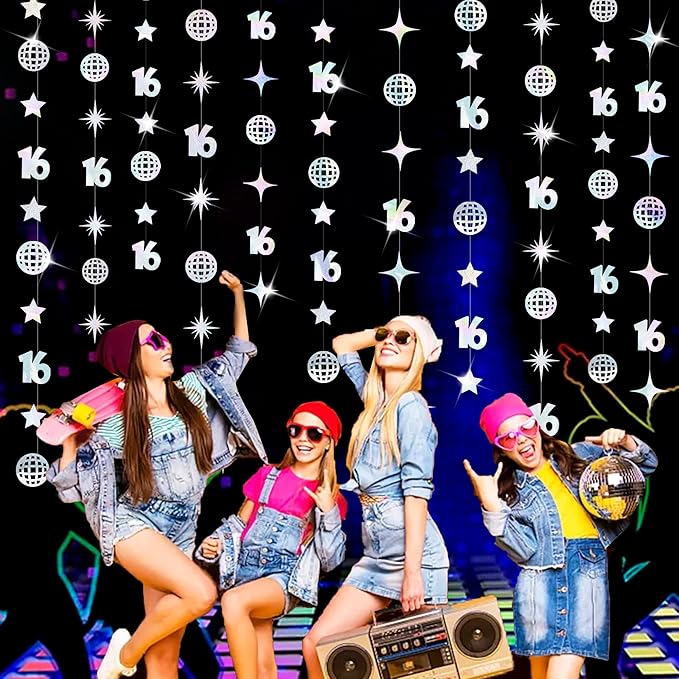 Iridescent 16th Disco Birthday Decorations Laser Number 16 Disco Ball Twinkle Star Garland Metallic Banner Backdrop for Girls Boys Happy 16th Birthday Sweet Sixteen Cheers to 16 Years Party Decor