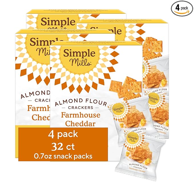 Simple Mills Almond Flour Crackers Snack Packs, Farmhouse Cheddar, Gluten Free, Flax Seed, Sunflower Seeds, Corn Free, Good for Snacks, 6.5 oz, Pack of 4 (8 Bags per Box)