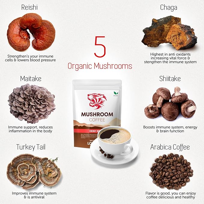 Tiger Organic 5 Mushroom Instant Coffee β 30 Servings with 100% Arabica | Immune System Booster, Reishi, Maitake, Shiitake, Chaga & Turkey Tail Mushrooms | Gluten & Dairy Free, Vegan - Natural Energy