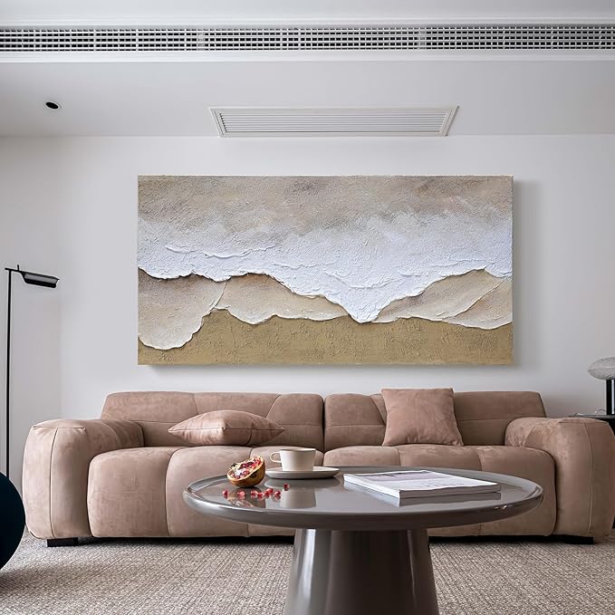 Artaanchuil Hand Painted Beach Waves Textured Wall Art - White and Brown Oil Painting 24x48 Inch Rectangle Large Moden Artwork for Living Room Horizontal Wall Decor