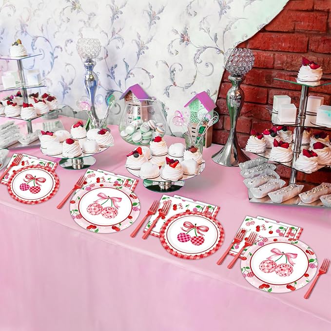 96Pcs Cherries Theme Plates and Napkins Pink Bow Cherry Birthday Party Decoration Disco Ball Disposable Dessert Cake Plates Cherries Paper Dinner Tableware for 24 Guests Girls Boys Kids Party Supplies
