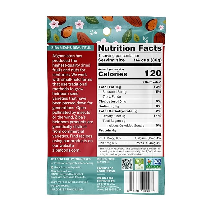 Ziba Foods Heirloom Gurbandi Raw Almonds | Non-GMO, Vegan, Whole 30 Friendly, Keto & Paleo | Heirloom Superfood Naturally High In Vegan Protein & Omega 3s, Pack of 6