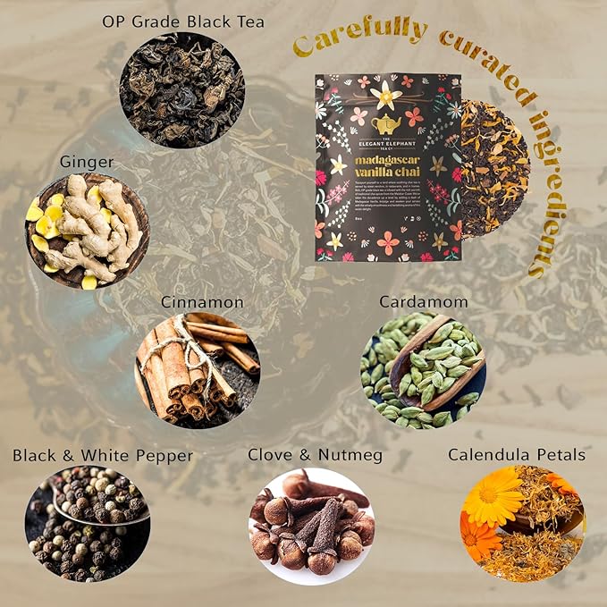 Madagascar Vanilla Chai Tea, Organic Loose Leaf Chai Tea ??Black Tea with Chai Spice Blend ??Great Hot or Iced Chai Latte ??4 oz Resealable Bag (Makes 50 Cups) ??The Elegant Elephant