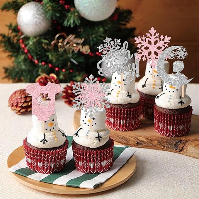 30 PCS Snowflake Oh Baby Cupcake Toppers Glitter Winter Sweater Moon Snowflake Cupcake Picks It's a Girl Cake Decorations for Baby Shower Kids Birthday Christmas Party Supplies Silver Pink