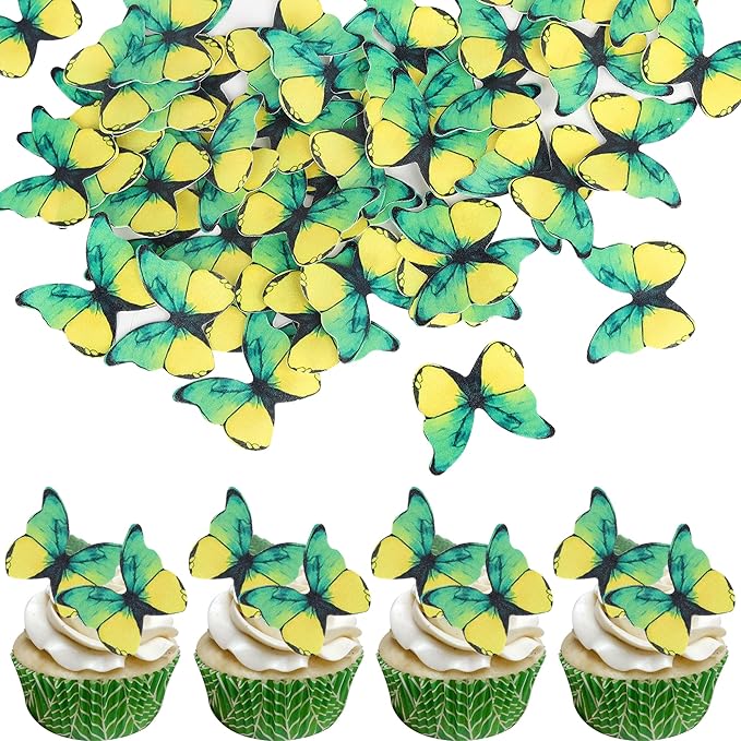 48PCS Edible Butterfly Cupcake Toppers - Edible Butterflies Cake Decoration for Wedding, Birthday, Baby Shower & Kids Parties - Yellow & Green