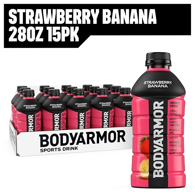 BODYARMOR Sports Drink Sports Beverage, Strawberry Banana, Coconut Water Hydration, Natural Flavors With Vitamins, Potassium-Packed Electrolytes, Perfect For Athletes, 28 Fl Oz (Pack of 15)