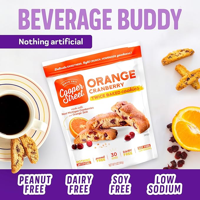 Cooper Street Italian Biscotti Cookies, Orange Cranberry Flavor, 1.25oz, 24 Pack, Peanut & Dairy Free, Satisfying Sweet Tooth Without Guilt