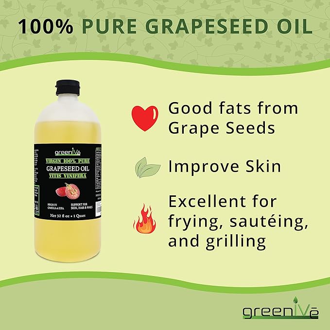 GreenIVe Grapeseed Oil Naturally Grown 100% Pure Cold Pressed Light Flavor High Tempurature Cooking 32oz