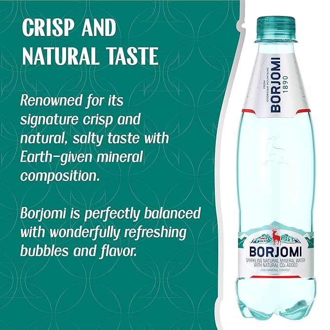 BORJOMI Sparkling Mineral Water, Bottled from Georgian Volcanic Springs, Naturally Carbonated, Plain, Unflavored, Plastic Bottles, 25.3 fl oz, 6 Pack