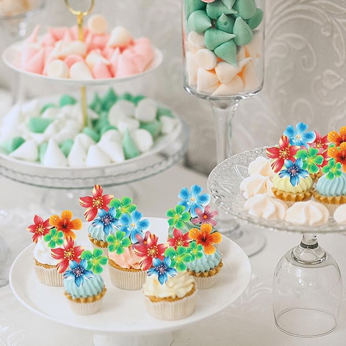 72 Pack Edible Hawaii Flowers Cake Decorations, Edible Flowers Wedding Birthday Cake Decorations Flowers Cake&Cupcake Toppers for Baby Shower Birthday Birthday Party Food Decorations