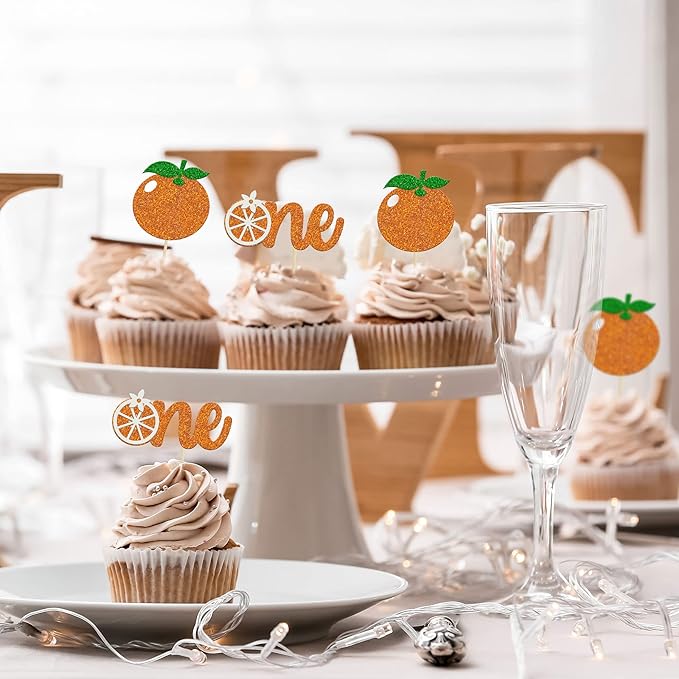 24Pcs Little Cutie One Cupcake Toppers Glitter Orange First Birthday Cupcake Picks for Citrus Theme Baby Shower Kids 1st Birthday Party Tangerine Fruit Party Cake Decorations Supplies