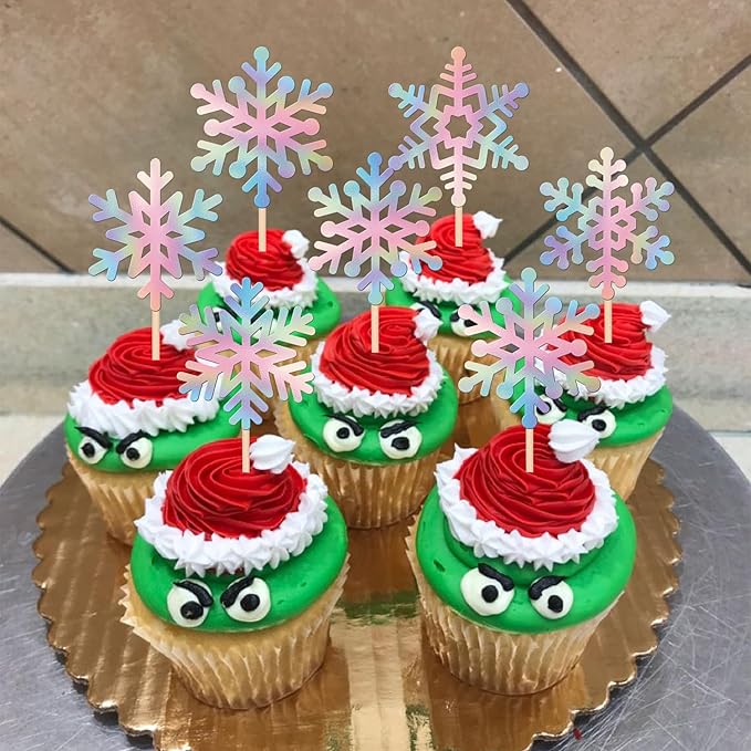 24 PCS Snowflake Cupcake Toppers Glitter Frozen Snowflake Cupcake Picks Winter Wonderland Cake Decorations for Baby Shower Kids Birthday Christmas Party Supplies Silver Colorful