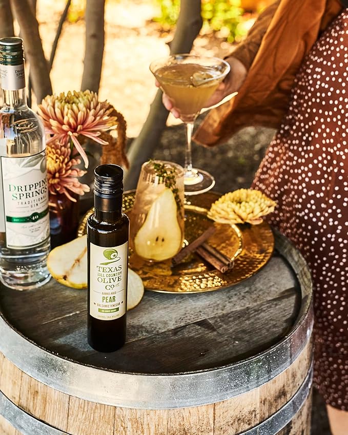 Pear Balsamic Vinegar - Gourmet Barrel Aged Infused Balsamic Vinegar - Great for Dressing Dipping Glazing - No Artificial Flavors or Added Sugar - Made in Texas (8.5 oz)