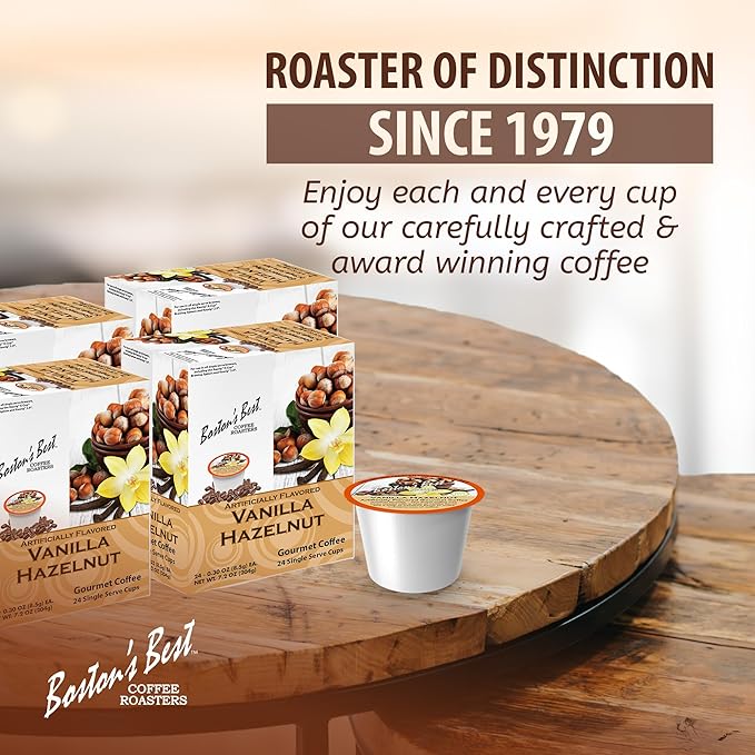 Bostonโs Best - Vanilla Hazelnut Delicious Medium Roast Flavored Gourmet Coffee Compatible with Keurig Coffee Maker, 24 Count (Pack of 4)