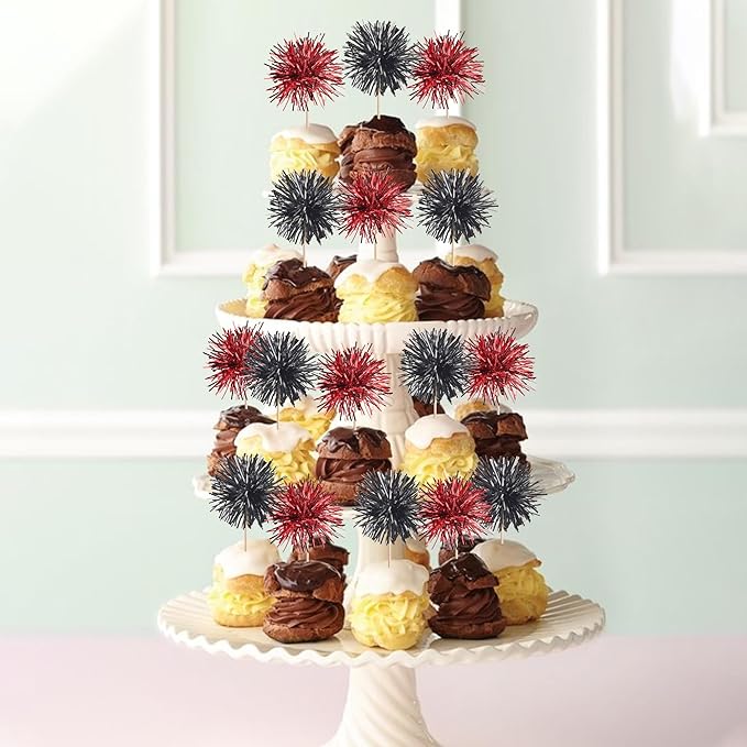 40 PCS Foil Firework Cupcake Toppers Sparkle Tinsel Cupcake Picks Fireworks Birthday Party Decorations Cocktail Fruit Toothpick for Birthday Wedding Graduation Party Decorations Supplies Black Red