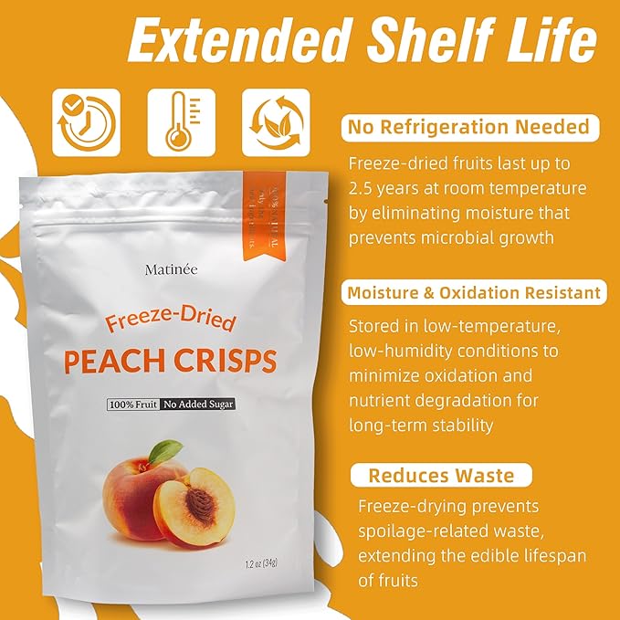 MATINÉE Freeze Dried Peaches, Dehydrated Fruit, Dried Fruit Snack for Baking, Yogurt & Kids Treats-Vegan, Non-GMO, Preservative Free, 1.2oz, 34g (Pack of 4 Bag)