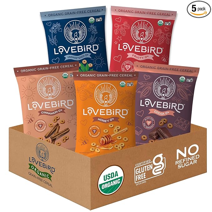 Lovebird Organic Gluten Free Cereal, Sampler Pack ??Prebiotic Fiber, Gut Health, Low Sugar, Grain Free, Breakfast or Snack ??Healthy Cereal Made With Real Food, 5 Pack, Kids & Adults