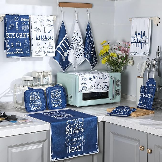 Bencailor 12 Pcs Farmhouse Kitchen Decor Sets, 8 Blue Kitchen Dish Towels 2 Pot Holders 2 Oven Mitts Glove, Rustic Hand Towels and Dishcloths Sets for Home Decorations Accessories Christmas Mom Gifts