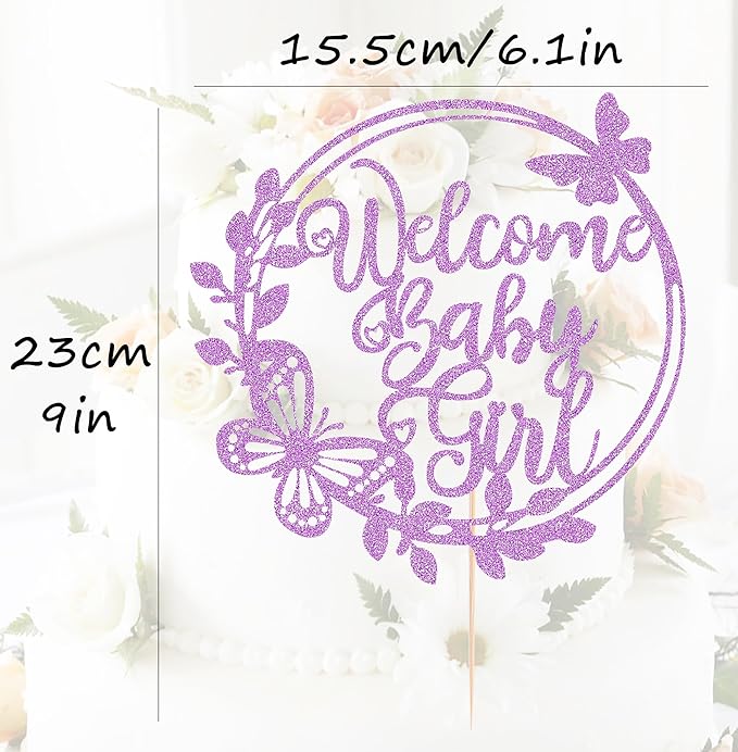 Welcome Baby Girl Cake Topper - Light Purple Glitter Baby Shower Cake Decorations, Baby Girl Cake Decor, for Baby Shower/Birthday Party/Gender Reveal Party Photo Booth Props