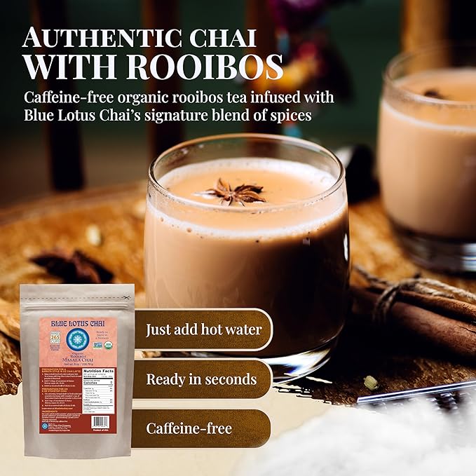 Blue Lotus Chai ??Organic Rooibos Masala Chai - Makes 265 Cups ??Caffeine-Free, No Steeping, No Gluten - 8 Ounce Masala Chai Powder with Organic Spices ??Authentic Indian Tea